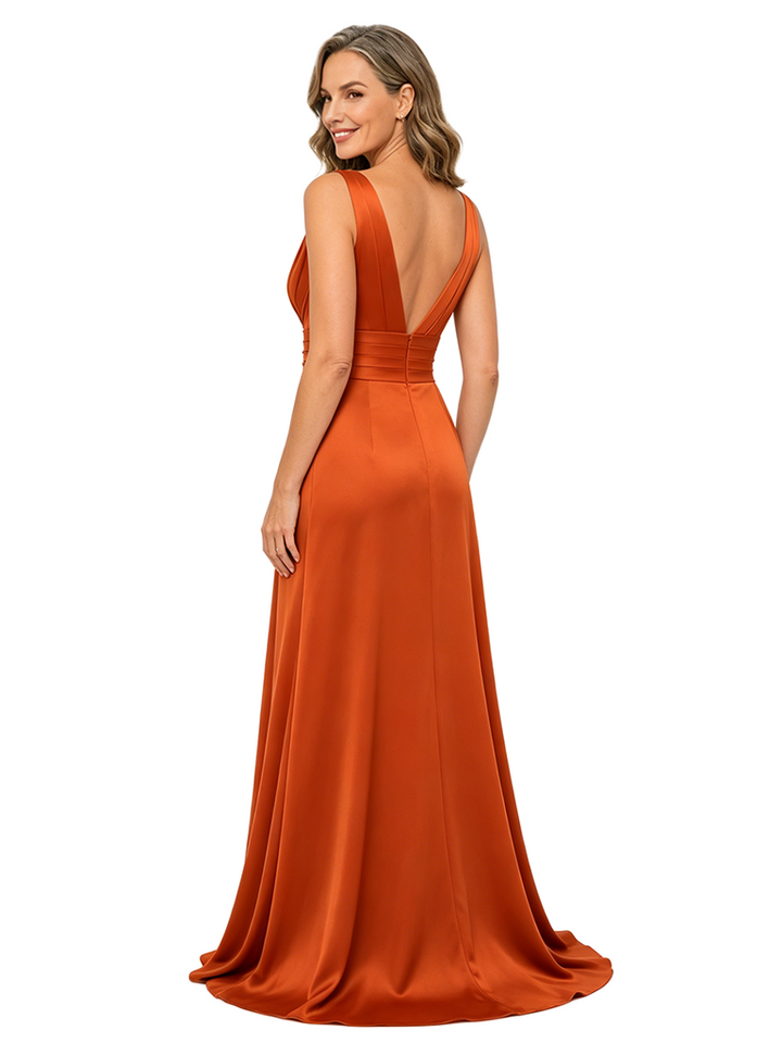 ChicSew Elegant V-Neck Satin Mother Of The Bride Gown Ruched Lace Applique Waist Pleated Maxi Length