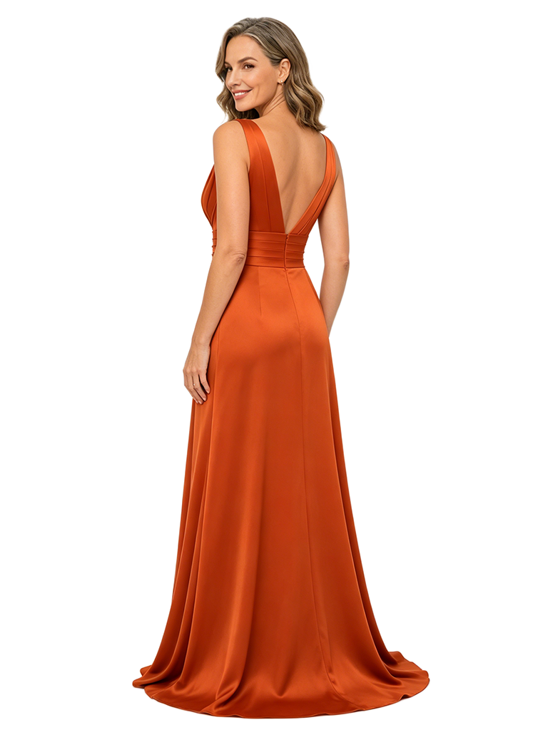 ChicSew Elegant V-Neck Satin Mother Of The Bride Gown Ruched Lace Applique Waist Pleated Maxi Length