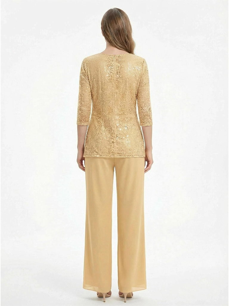 ChicSew Round Neck Sequin Lace Chiffon Mother of The Bride Two Piece Jumpsuit