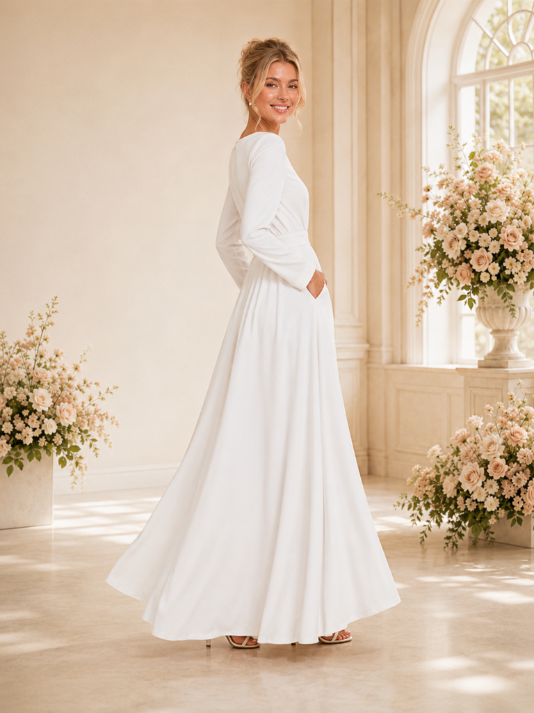 ChicSew Classy Elegant Long Sleeves A-Line Floor-Length Crepe Wedding Dress With Pocket