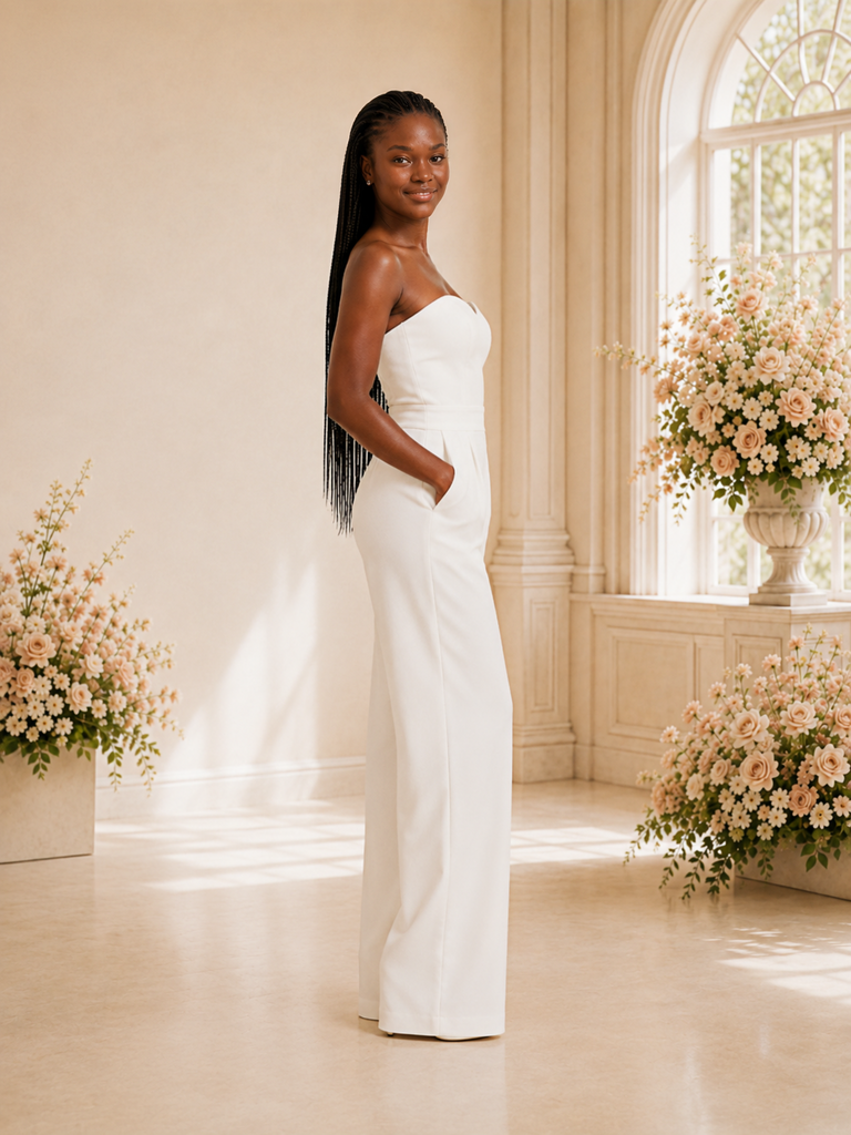 ChicSew Modern Sweetheart Crepe Floor-Length Wedding Jumpsuit With Pocket