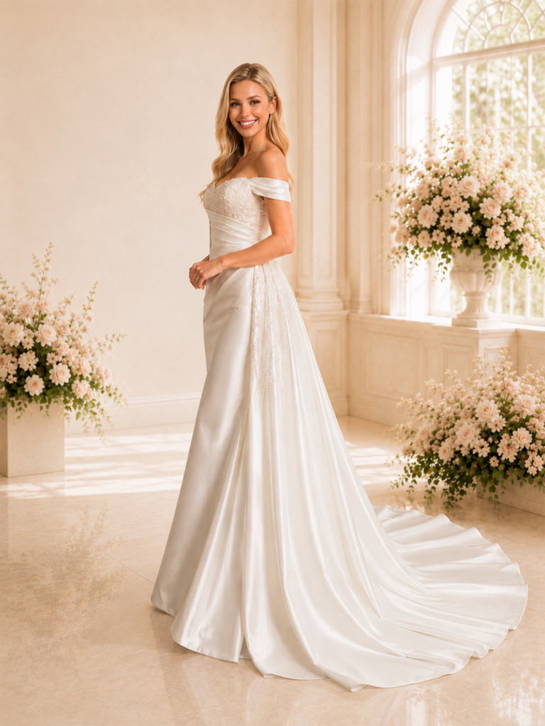 ChicSew Unique Mermaid Off The Shoulder Beading Satin Long Wedding Dresses With Overskirt