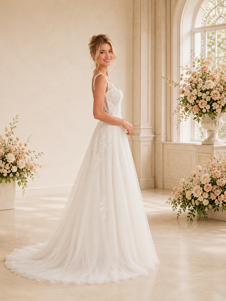 ChicSew Spaghetti Straps V-Neck A-Line Lace Tulle Floor Length Wedding Dresses