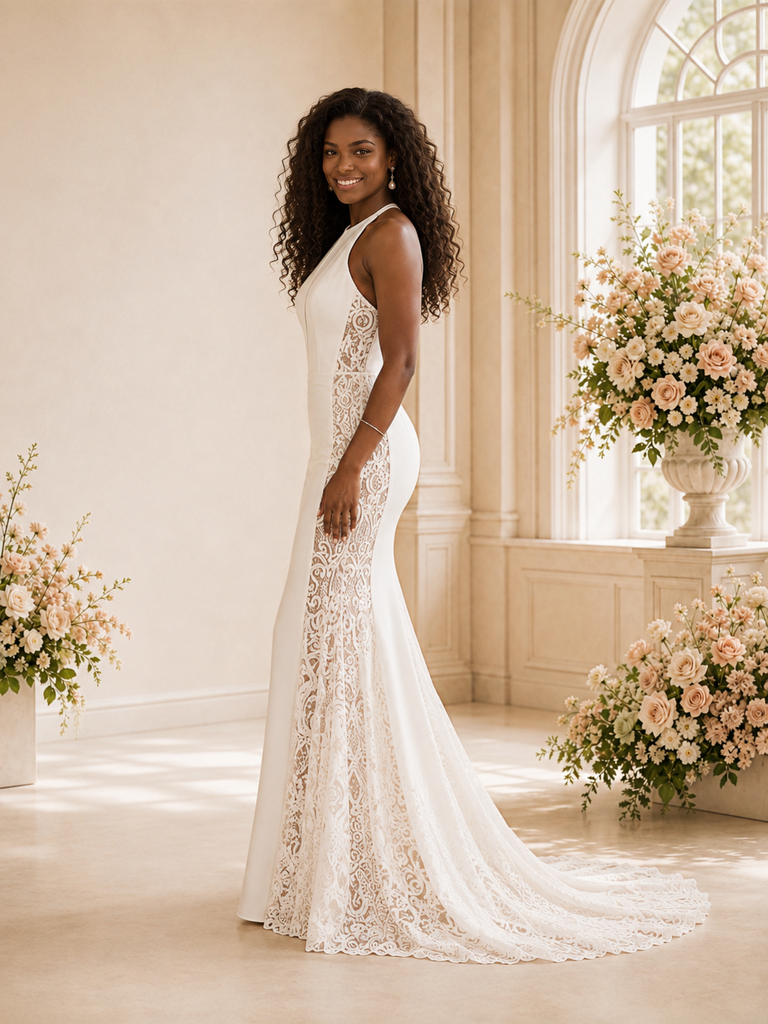 ChicSew Fancy Unique Crepe Halter Mermaid Long Wedding Dress With Lace Applique