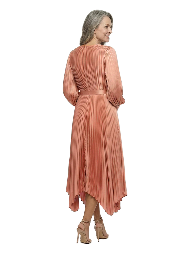 ChicSew Stylish Jewel Pleated Satin A-Line Mother Of The Groom Dress Asymmetrical Hem Long Sleeve Midi Gown
