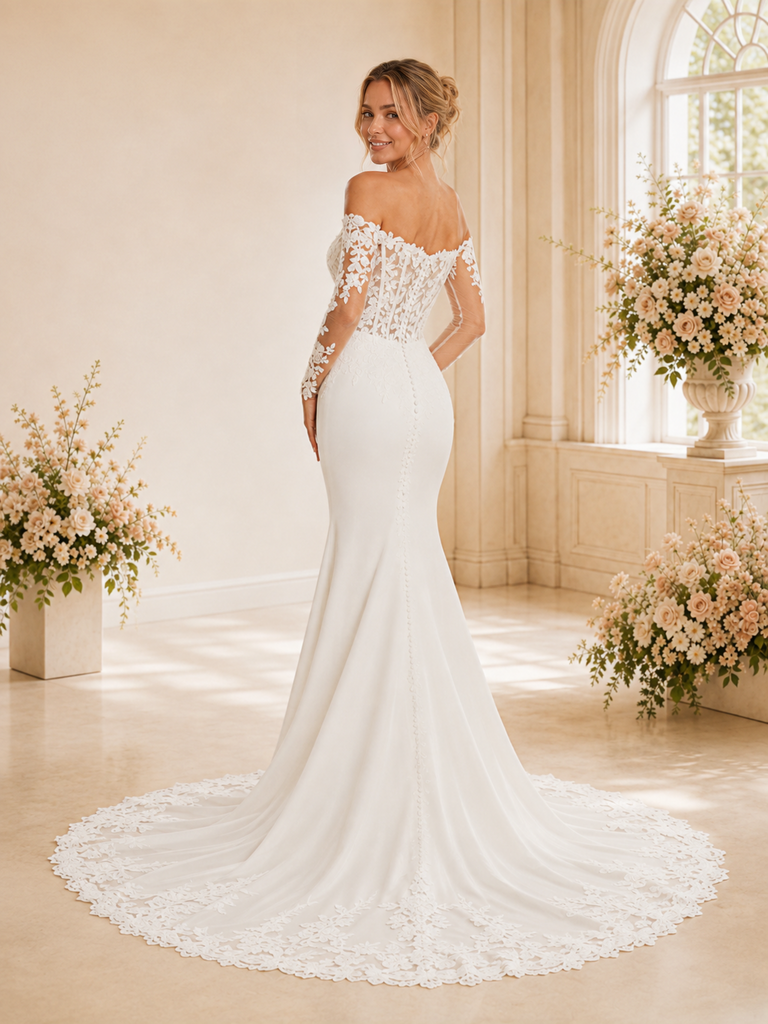 ChicSew Fancy Lace Applique Boning Long Sleeves Mermaid Crepe Maxi Wedding Dress