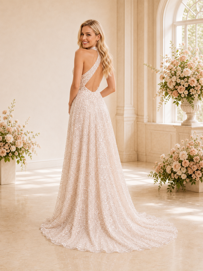 ChicSew Elegant A-line High Neck Sleeveless Glitter Tulle Long Wedding Dresses Open Back