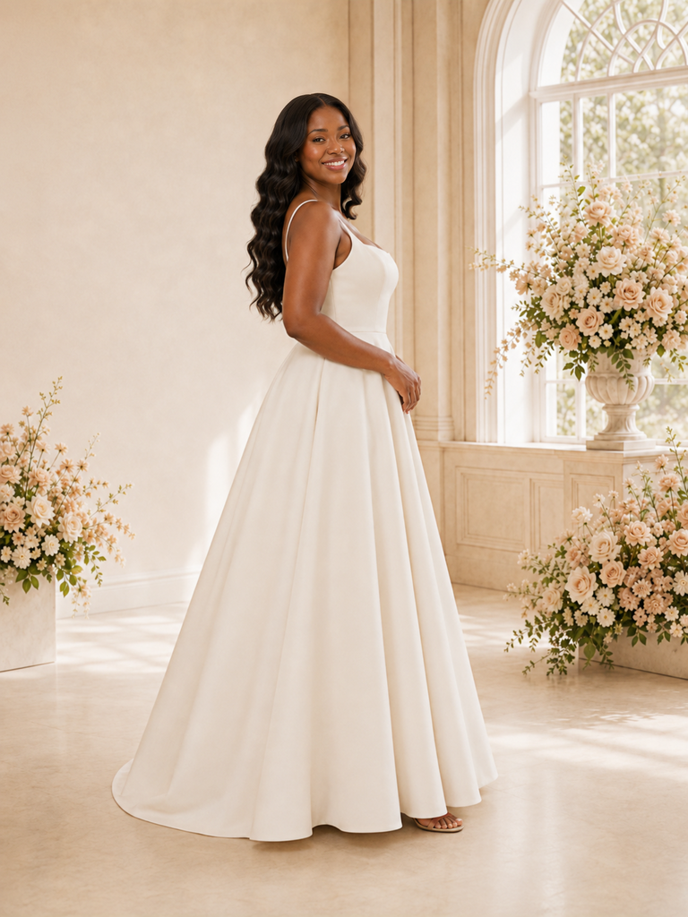 ChicSew Elegant Square Neck Spaghetti Straps A-Line Satin Maxi Wedding Dress