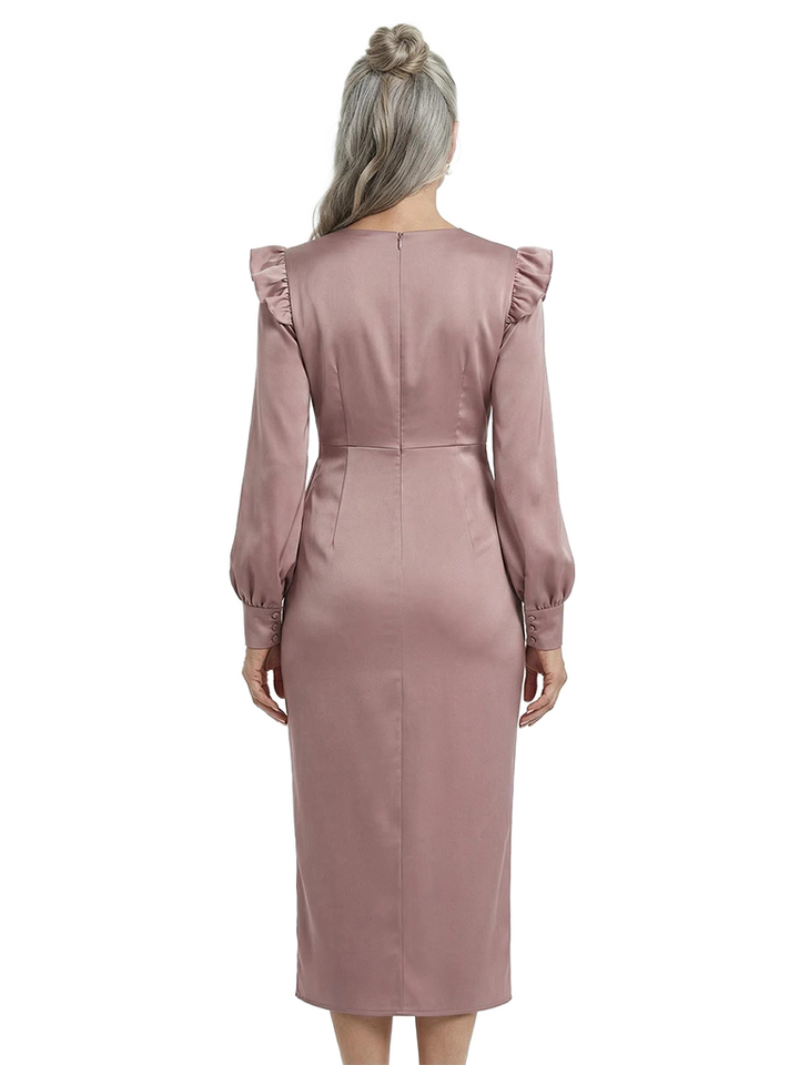 ChicSew V-Neck Long Sleeve Satin Ruffle Tea-Length Mother of the Bride Dresses