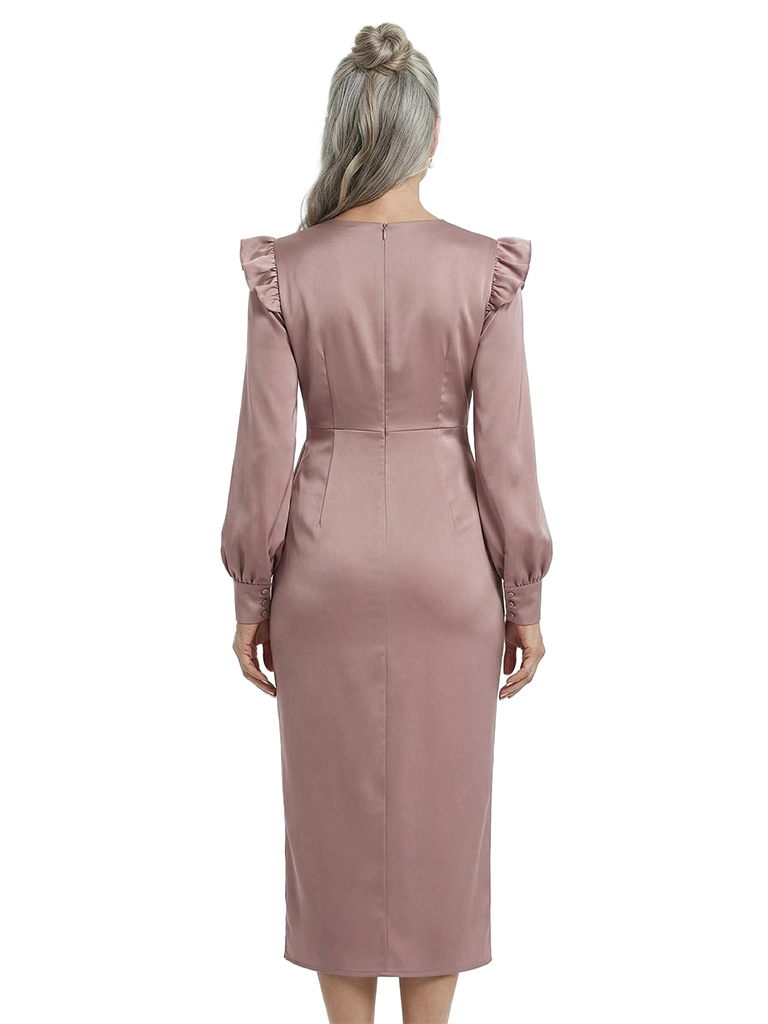 ChicSew V-Neck Long Sleeve Satin Ruffle Tea-Length Mother of the Bride Dresses