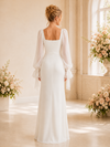 Modern Classy Sheath Floor-Length Square Neck Lace Long Puff Sleeve Crepe Wedding Dresses
