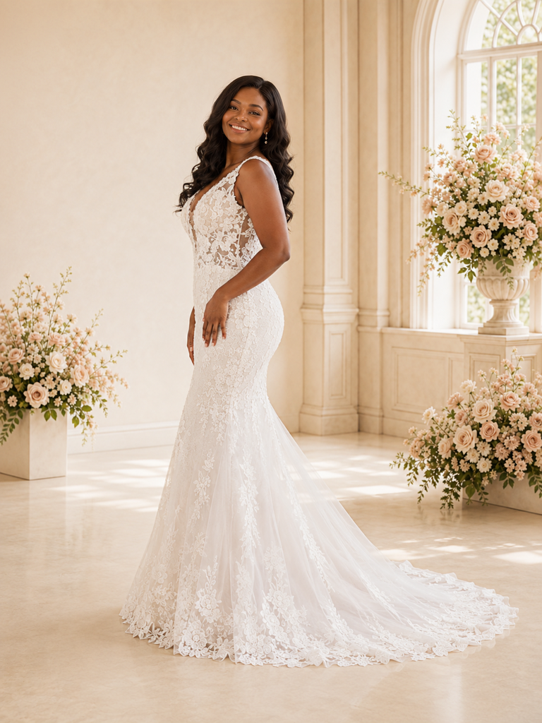 ChicSew Romantic Mermaid V-Neck Spaghetti Straps Lace Maxi Wedding Dress