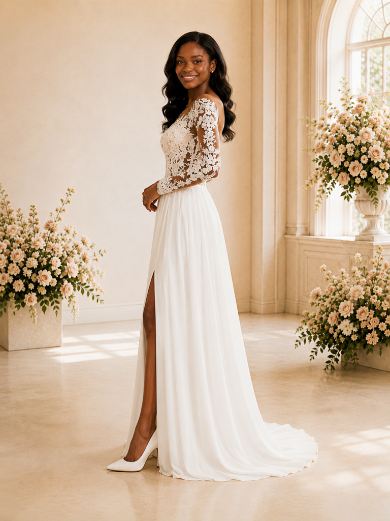 ChicSew Elegant A-Line Illusion Long Sleeves Lace Chiffon Maxi Wedding Dress