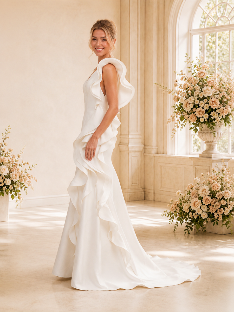 ChicSew Unique Fancy Deep V-Neck Crepe Mermaid Maxi Wedding Dress With Ruffle