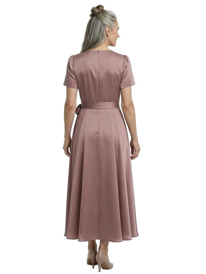 ChicSew Elegant V-Neck Short Sleeves Satin A-Line Tea-Length Mother Of The Bride Dresses