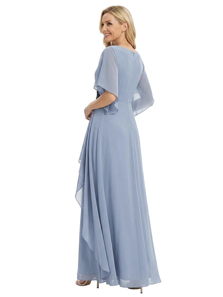 ChicSew V-Neck Flutter Sleeve Beaded Applique Chiffon Floor Length A-Line Mother of the Bride Dress