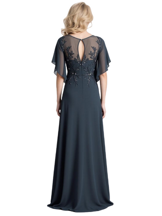 Elegant Chiffon A-Line Flowy Short Sleeves Scoop Long Grandmother Of The Bride Dresses Slit