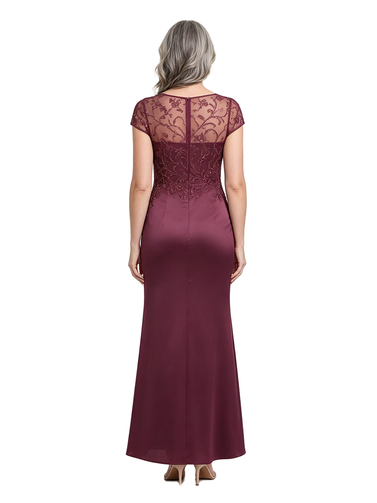 ChicSew Illusion Short Sleeve Beaded Lace Applique Satin Mermaid Ankle-length Mother of the Bride Dress