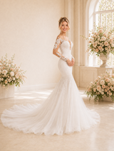 ChicSew Sexy V-Neck Lace Tulle Long Sleeves Mermaid Maxi Wedding Dresses With Long Train