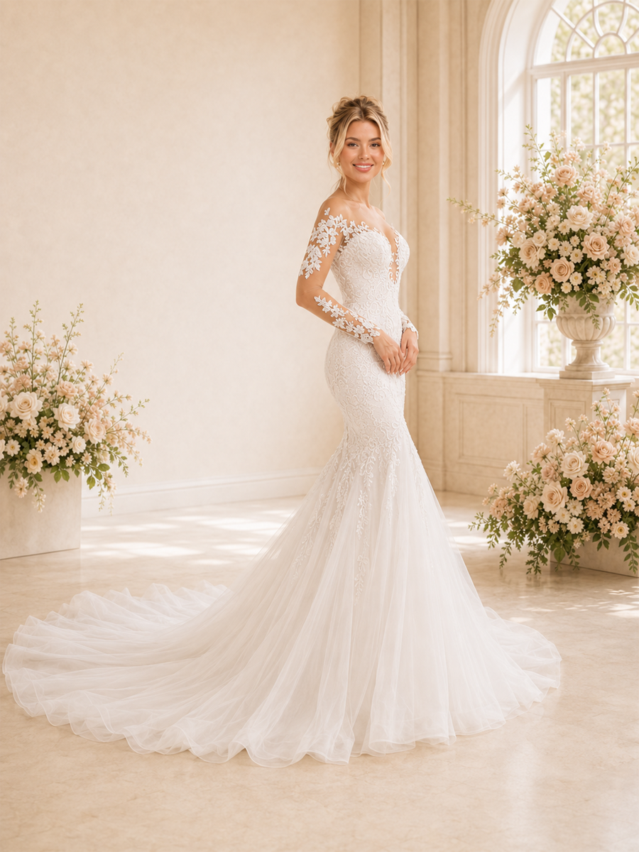 ChicSew Sexy V-Neck Lace Tulle Long Sleeves Mermaid Maxi Wedding Dresses With Long Train