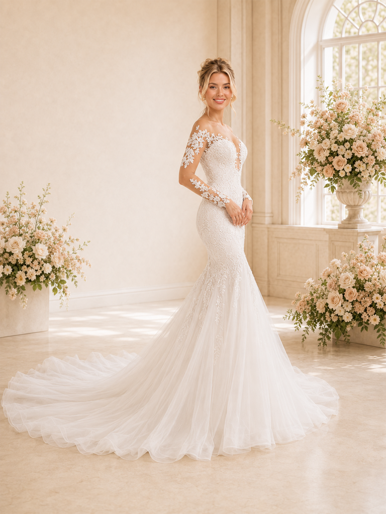ChicSew Sexy V-Neck Lace Tulle Long Sleeves Mermaid Maxi Wedding Dresses With Long Train