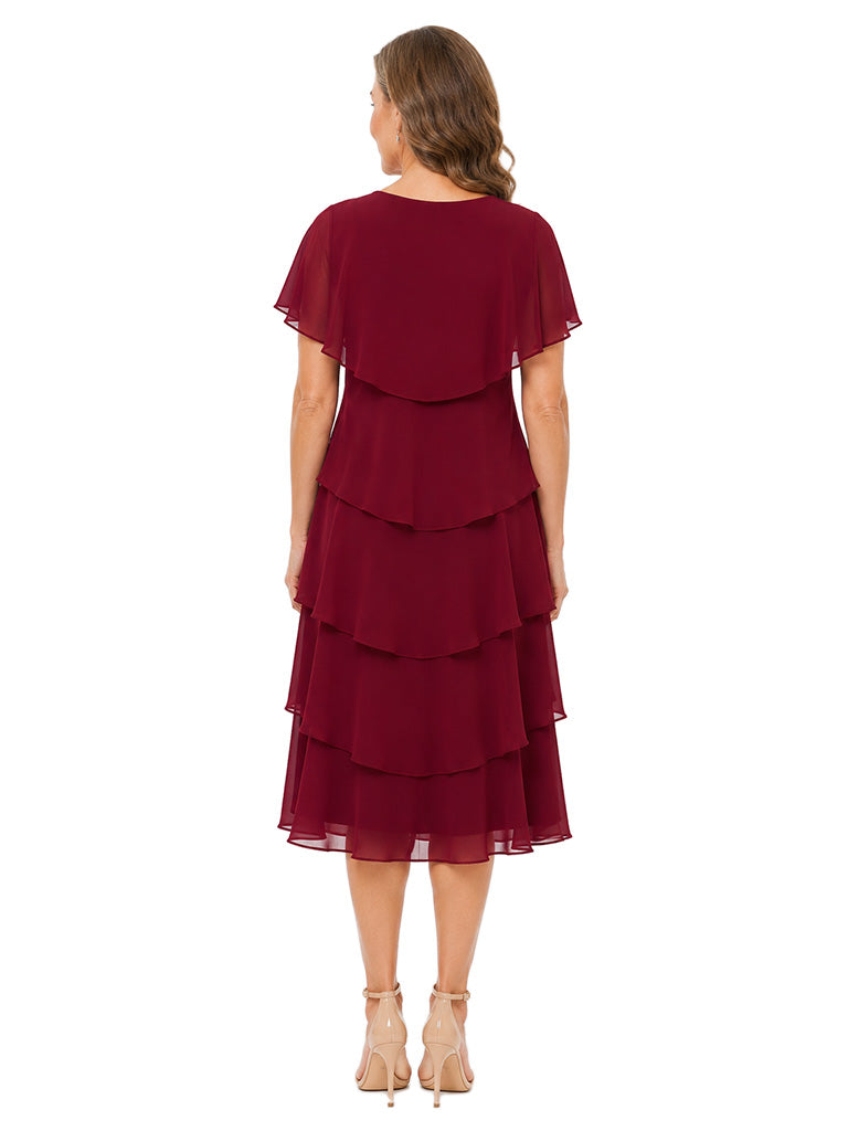 ChicSew V-Neck Flutter Sleeve Tiered Chiffon A-Line Mother of the Bride Dress