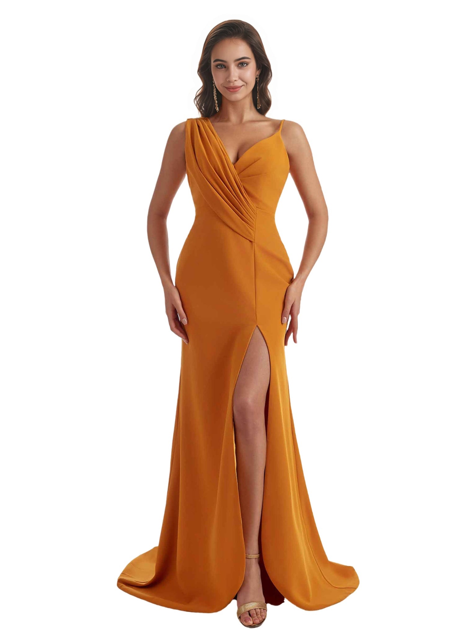 Sexy Side Slit Asymmetric Straps V-Neck Mermaid Crepe Long Bridesmaid Dress For Wedding