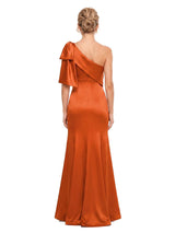 ChicSew One Shoulder Oversized Bow Accent Soft Satin Mermaid Long Pretty Flowy Fitted Floor Length Bridesmaid Dress For Romantic Wedding Bridal Parties