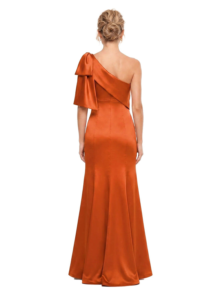 ChicSew One Shoulder Oversized Bow Accent Soft Satin Mermaid Long Pretty Flowy Fitted Floor Length Bridesmaid Dress For Romantic Wedding Bridal Parties