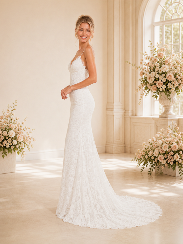 ChicSew Romantic Spaghetti Straps V-Neck Lace Mermaid Wedding Dresses With Train