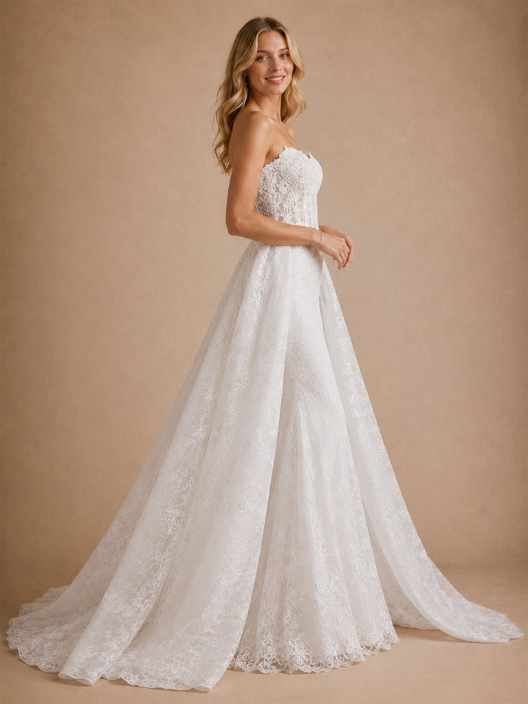 ChicSew Fancy Strapless Mermaid Lace Tulle Sleeveless Floor-Length Wedding Dresses With Overskirt