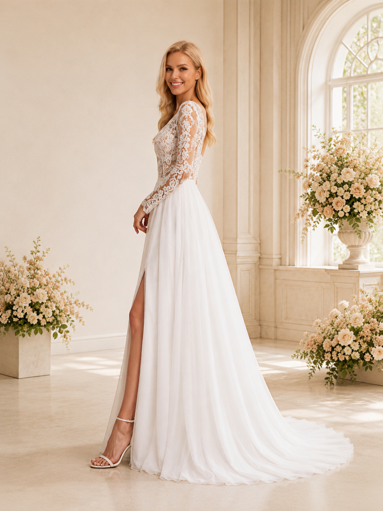 ChicSew Sexy Unique Lace V-Neck Long Sleeves Chiffon A-Line Side Slit Floor-Length Wedding Dress