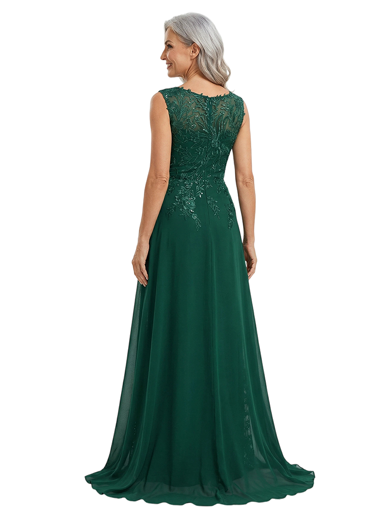 ChicSew Round Neck Sleeveless Lace Beaded Chiffon Overlay Floor Length Modern Mom Of The Groom Dresses