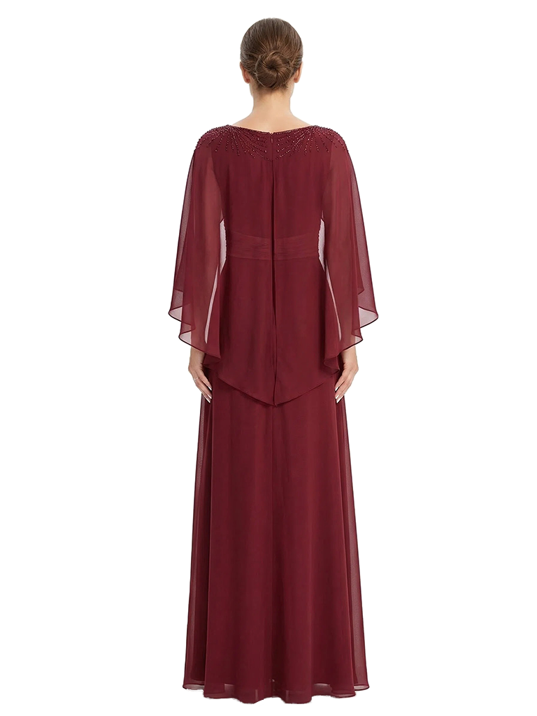ChicSew Asymmetric Cape Sleeve Beaded Detail Ruched Waist Floor Length Chiffon Modern Mother of the Bride Dresses