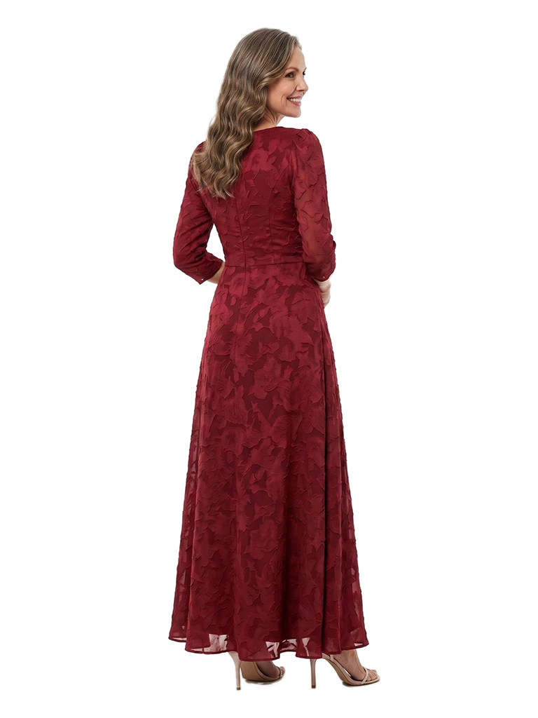Chicsew Elegant V-Neck 3/4 Sleeves Floral Burnout Chiffon A-line Formal Mother of Bride Dress