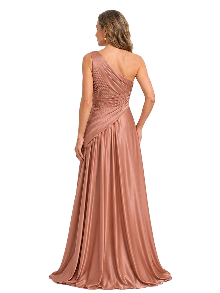 ChicSew Unique One Shoulder Pleated Satin A-Line Floor Length Mother Of The Groom Dress With Applique