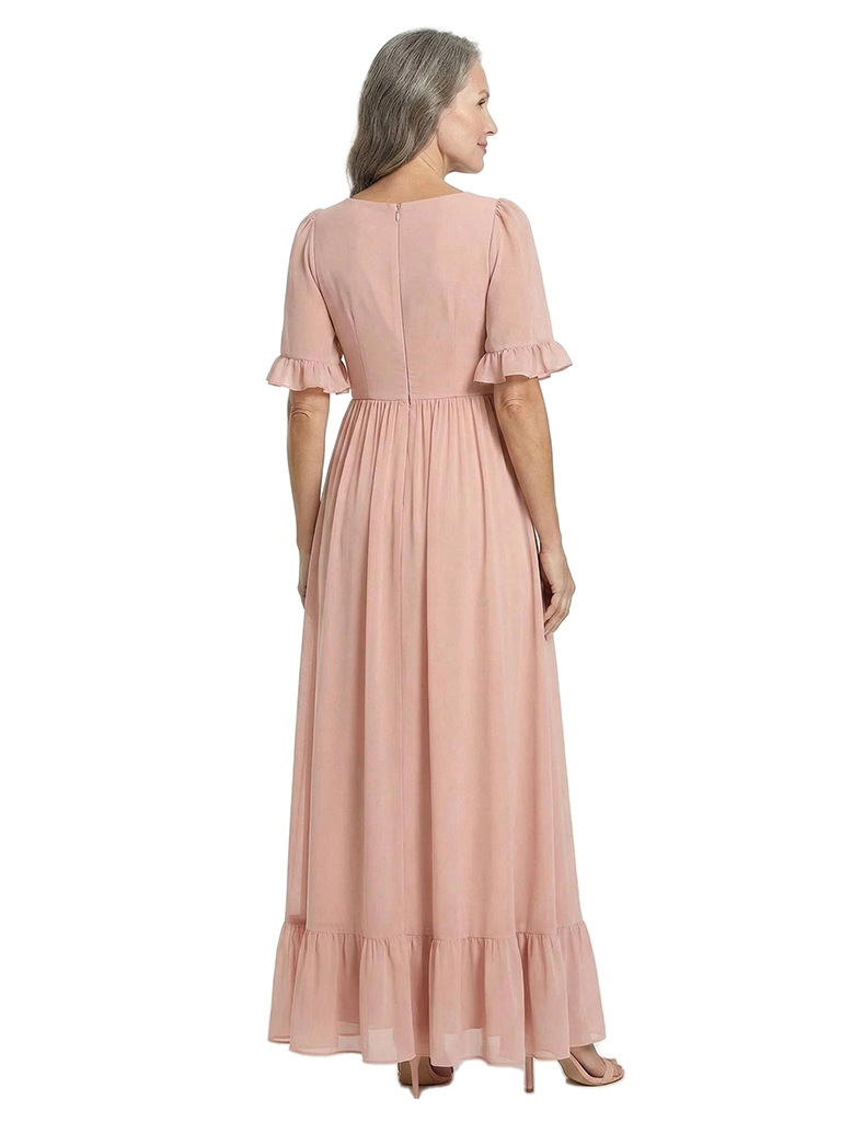 ChicSew Beautiful V-Neck Chiffon Mother Of The Bride Dress With Flutter Sleeves & Slit