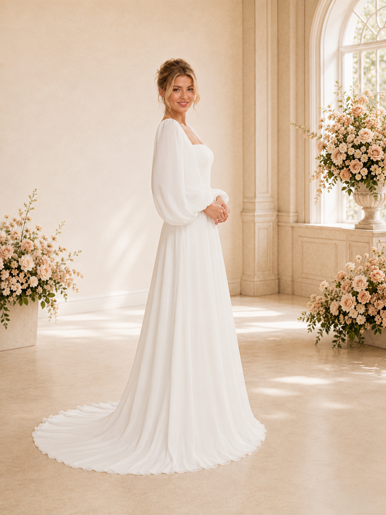 ChicSew Elegant Square Long Sleeves Chiffon A-Line Floor-Length Wedding Dresses
