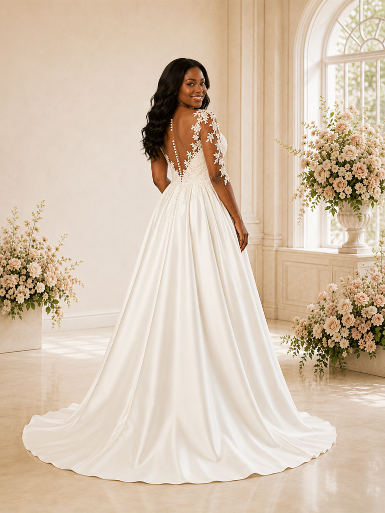 ChicSew Classy V-Neck A-Line Long Tulle Sleeves Satin Maxi Wedding Dress With Lace Applique