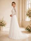 ChicSew Elegant A-Line Lace Applique Jewel Chiffon Long Sleeves Floor-Length Wedding Dress
