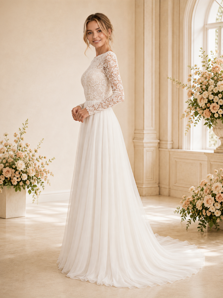 ChicSew Elegant A-Line Lace Applique Jewel Chiffon Long Sleeves Floor-Length Wedding Dress