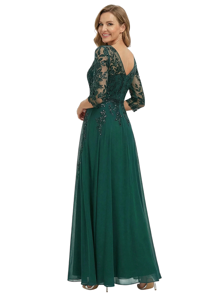 ChicSew V-Neck Long Sleeve Lace Beaded A-Line Floor Length Chiffon Fancy Mother of the Bride Dresses