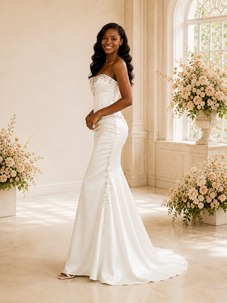 ChicSew Elegant Sweetheart Mermaid Ruched Satin Floor-Length Wedding Dress With Applique