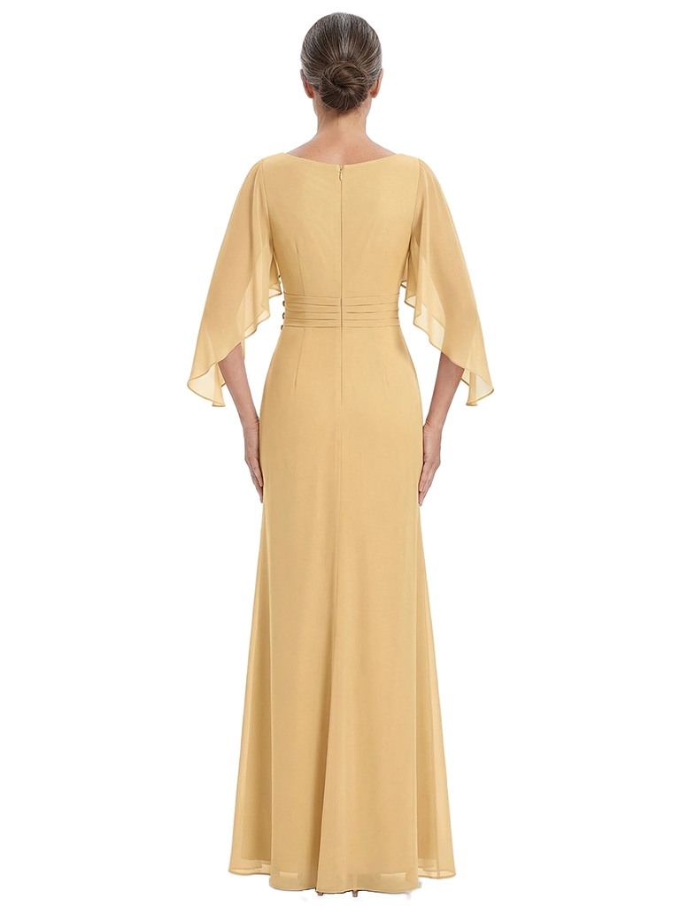 ChicSew Scoop Cape Sleeve Ruched Bodice Rhinestone Detail Floor Length Chiffon Fancy Mother of the Bride Dresses
