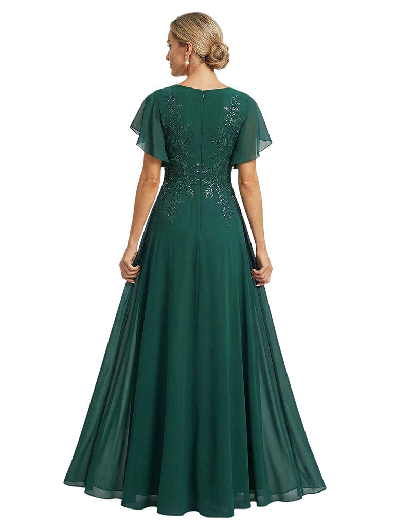 ChicSew V-Neck Flutter Sleeve Beaded Lace Applique A-Line Floor Length Chiffon Flowy Romantic Mother Of The Bride And Groom Dresses