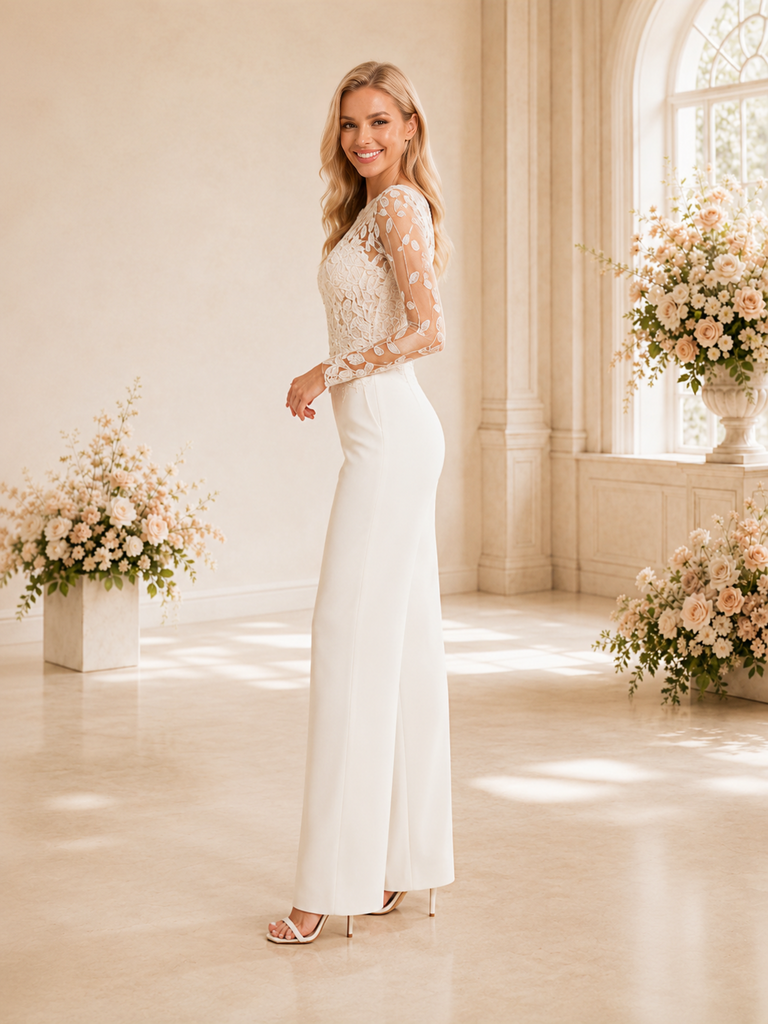 ChicSew Morden Unique Illusion Lace Long Sleeves Crepe Floor-Length Wedding Jumpsuit