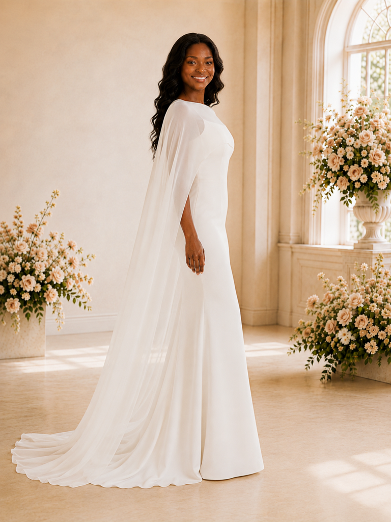 ChicSew Simple Mermaid Crepe Long Wedding Dress With Chiffon Cape Sleeves