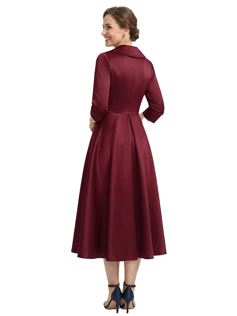 ChicSew V-Neck 3/4 Sleeve Bow Waist A-Line Tea Length Satin Mother Of The Bride Dresses