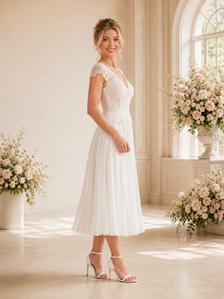 ChicSew Simple V-Neck Cap Sleeves A-Line Lace Chiffon Tea-Length Wedding Dresses