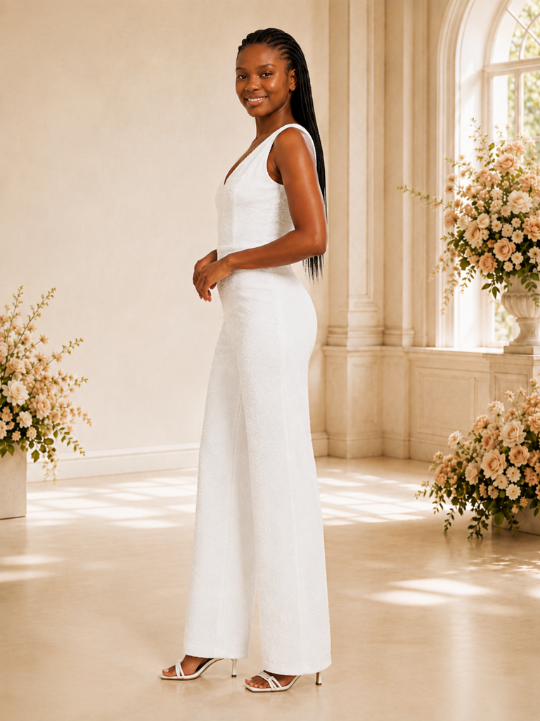 ChicSew Modern V-Neck Sleeveless Sequin Floor-Length Wedding Jumpsuit